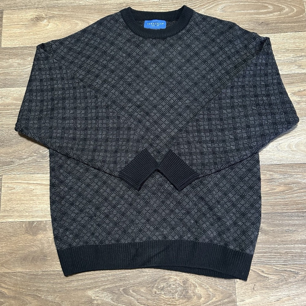 Towncraft Sweater Mens Large Black Charcoal Diamond Knit Wool Blend Vintage